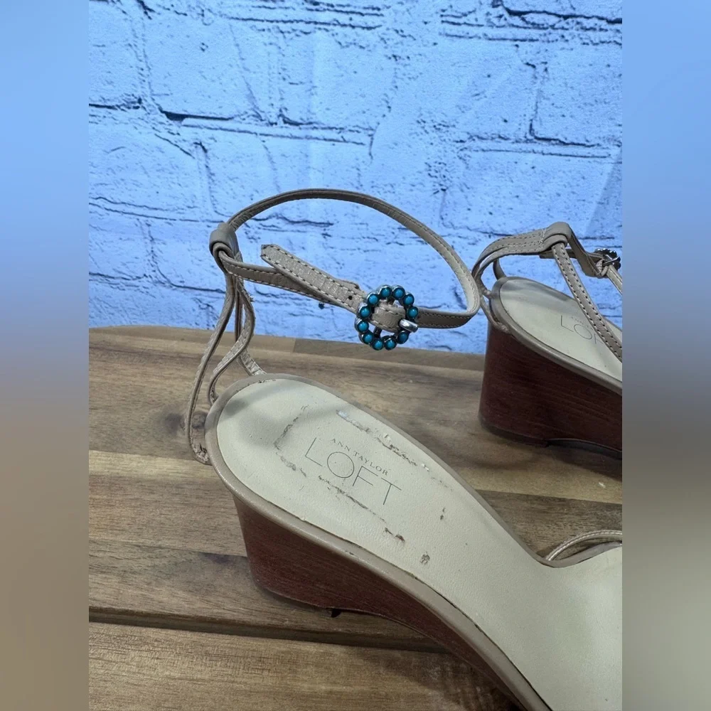 LOFT Tan Wedges with Turquoise Embellishments